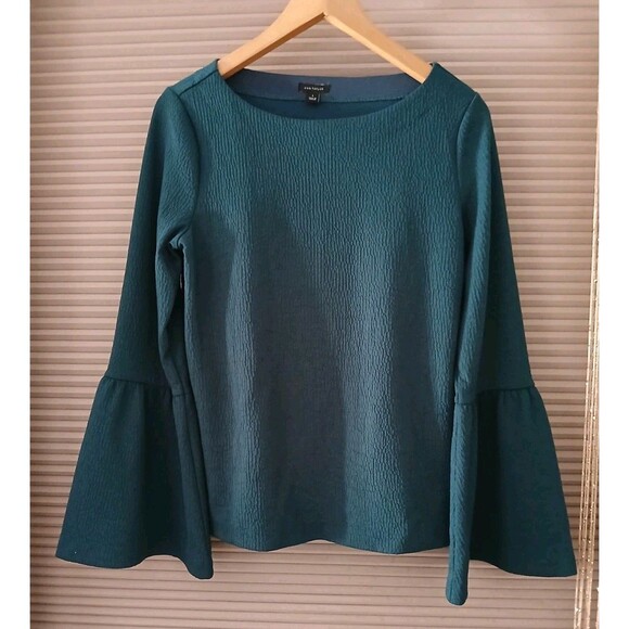 Ann Taylor Blue Green Long-Sleeve Blouse Sz Small Bell-Sleeve Career Business - Picture 1 of 7